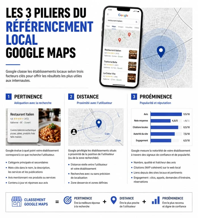 Les trois piliers du référencement Google Maps : pertinence, distance et proéminence