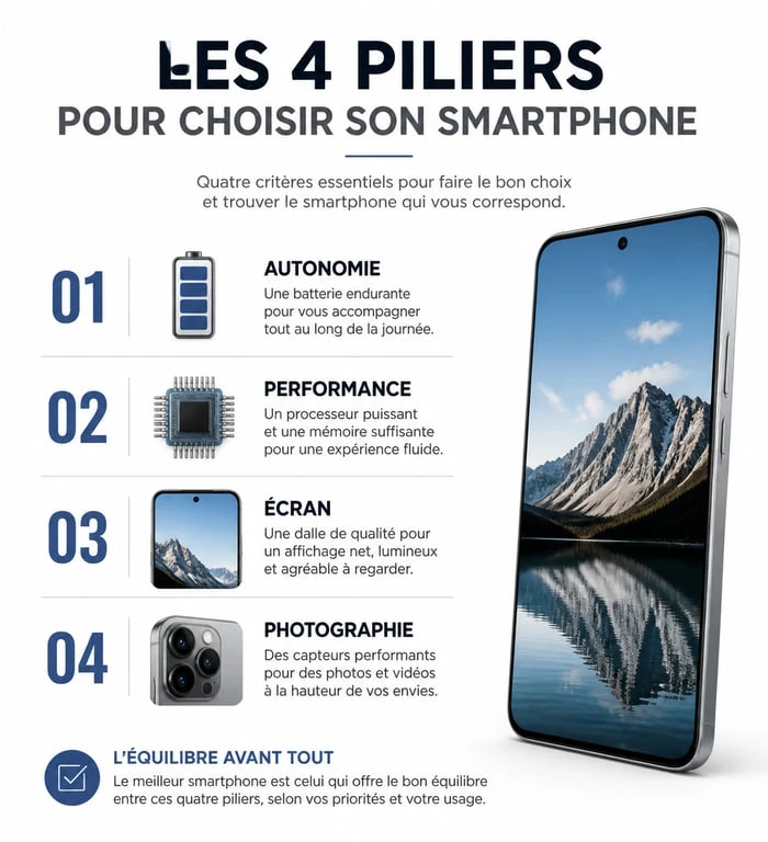 Infographie des critères pour choisir son téléphone portable par critère : autonomie, performance, écran et photo.