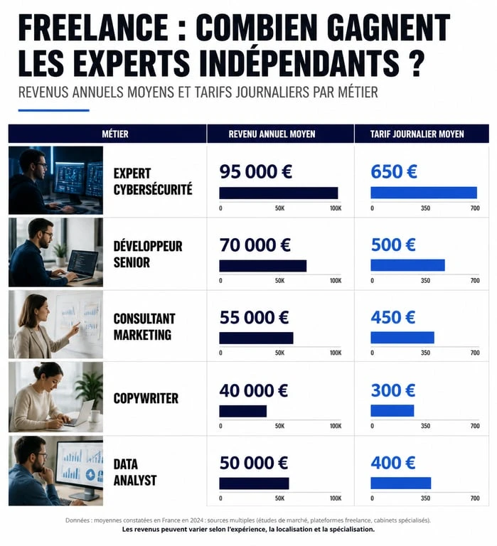 Infographie comparative des revenus et tarifs journaliers pour les métiers freelance les mieux payés