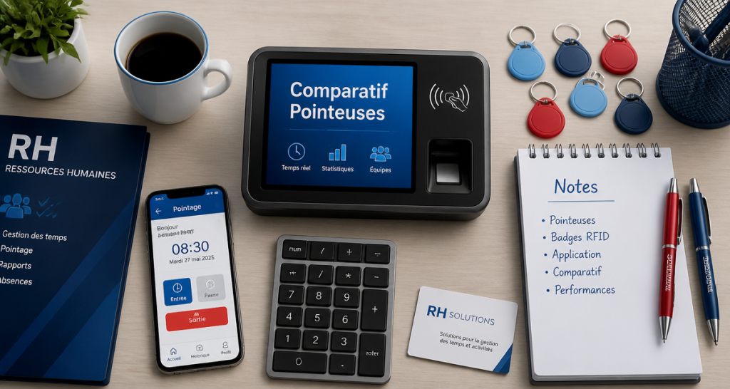 pointeuse badgeuse électronique et badges sur bureau RH