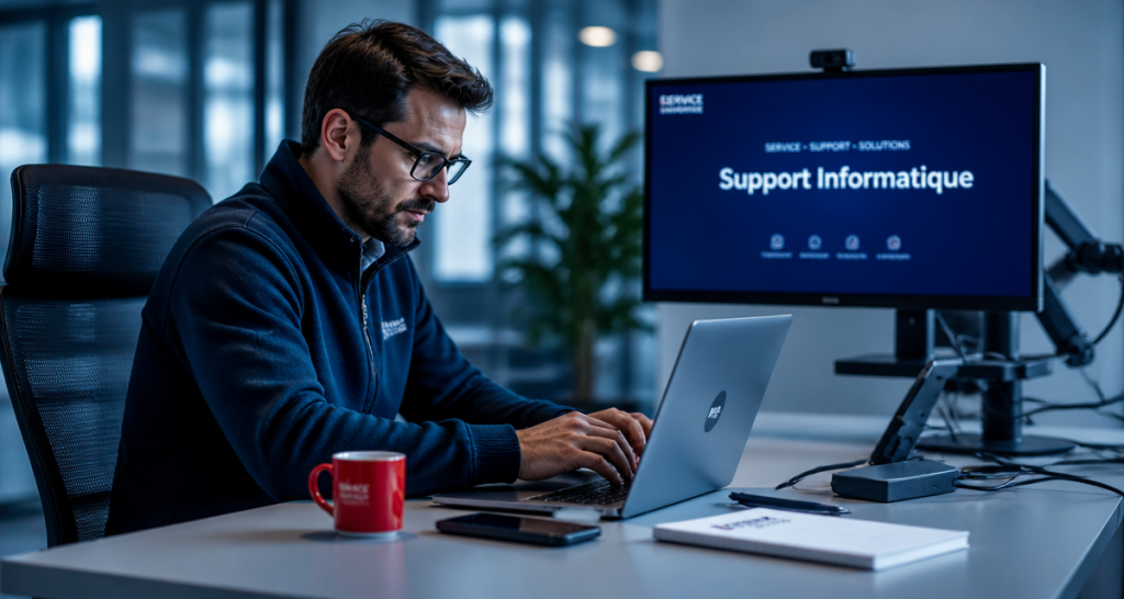 technicien assistance informatique configurant un ordinateur
