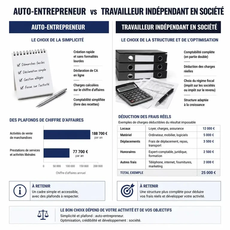 Tableau comparatif visuel entre travailleur indépendant et auto-entrepreneur pour choisir son statut