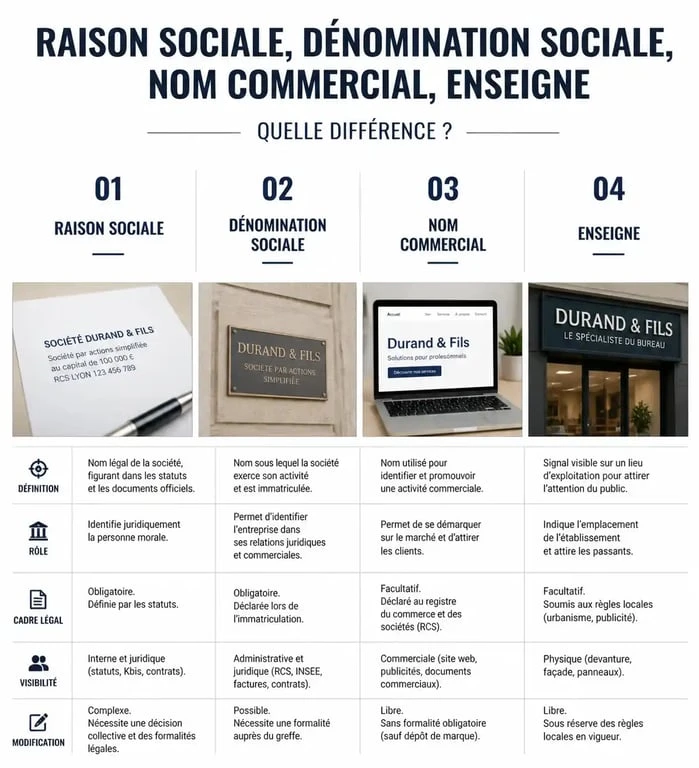 Infographie comparative des termes juridiques : raison sociale, dénomination sociale, nom commercial et enseigne
