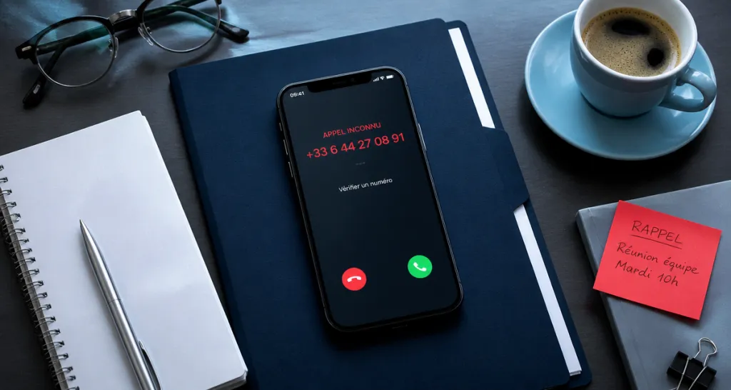 vérifier un numéro de téléphone sur smartphone posé sur bureau