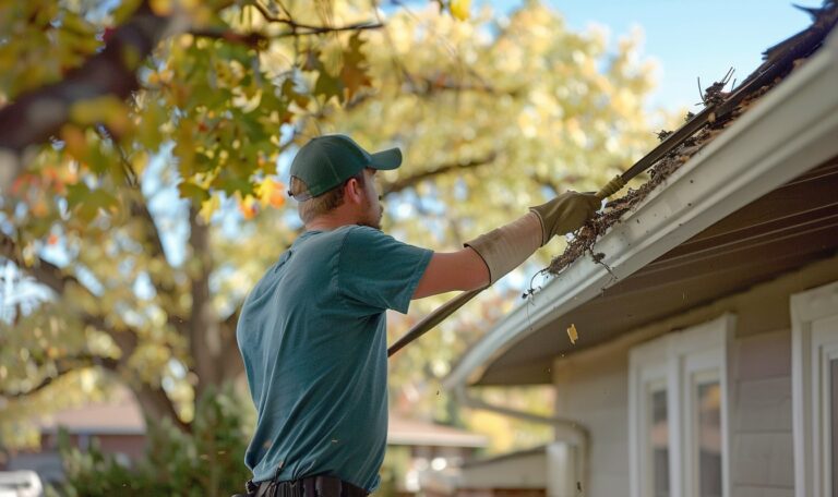 Homeowner using a long-handled roof rake to clear branches from roof for diy roof maintenance tasks