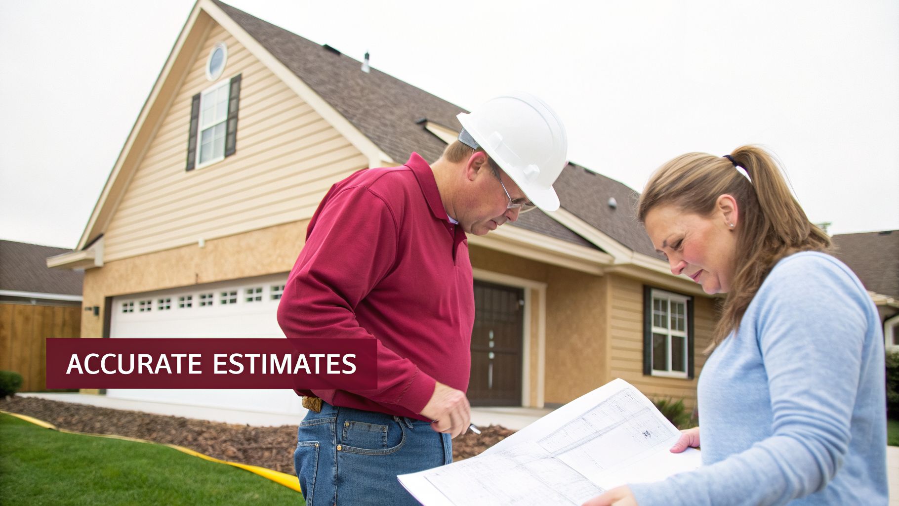 A man in a hard hat and a woman look at blueprints in front of a new house with "ACCURATE ESTIMATES" text.