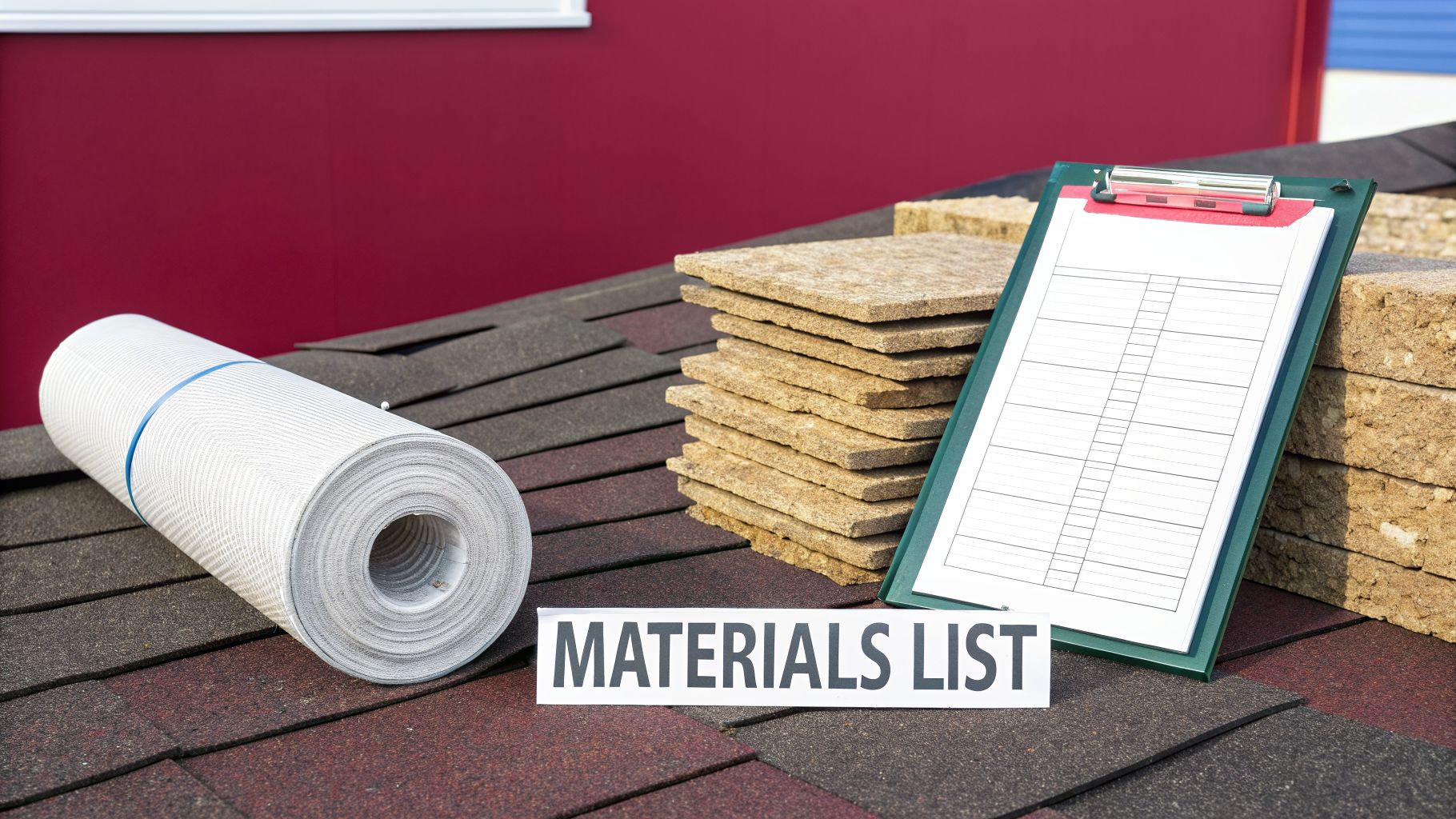 Various roofing materials like underlayment, insulation, and shingles, with a 'MATERIALS LIST' on a clipboard.