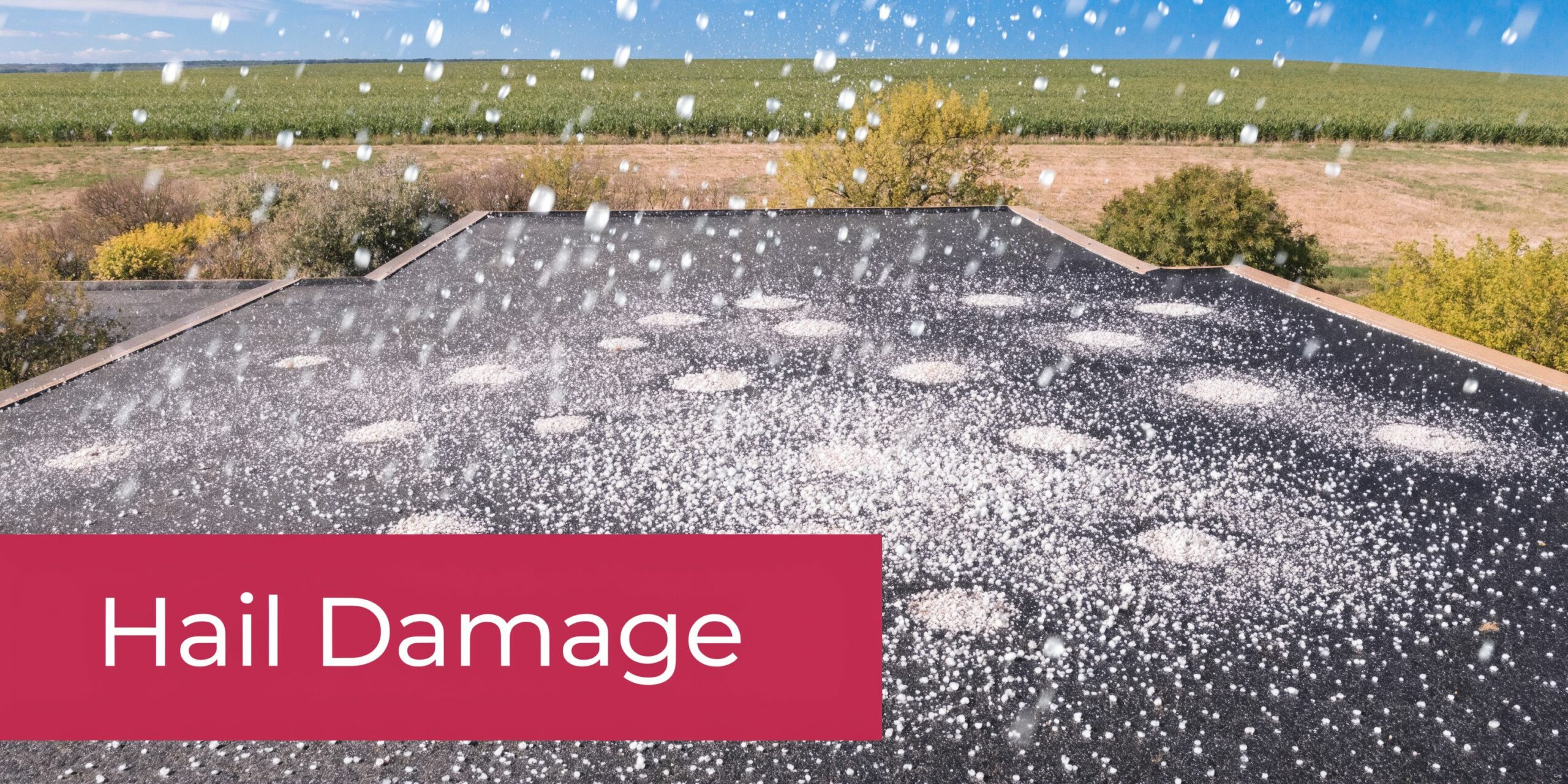 A commercial flat roof covered with small hailstones during a storm, illustrating potential weather-related roof damage.