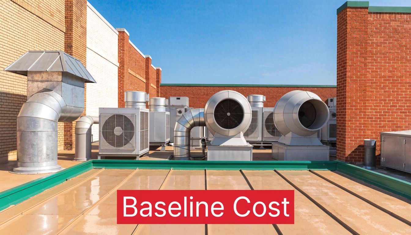 Several industrial air conditioning units and ventilation systems installed on a commercial building roof.