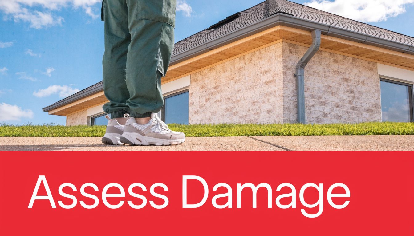 A person standing on a walkway in front of a house, representing property damage assessment.