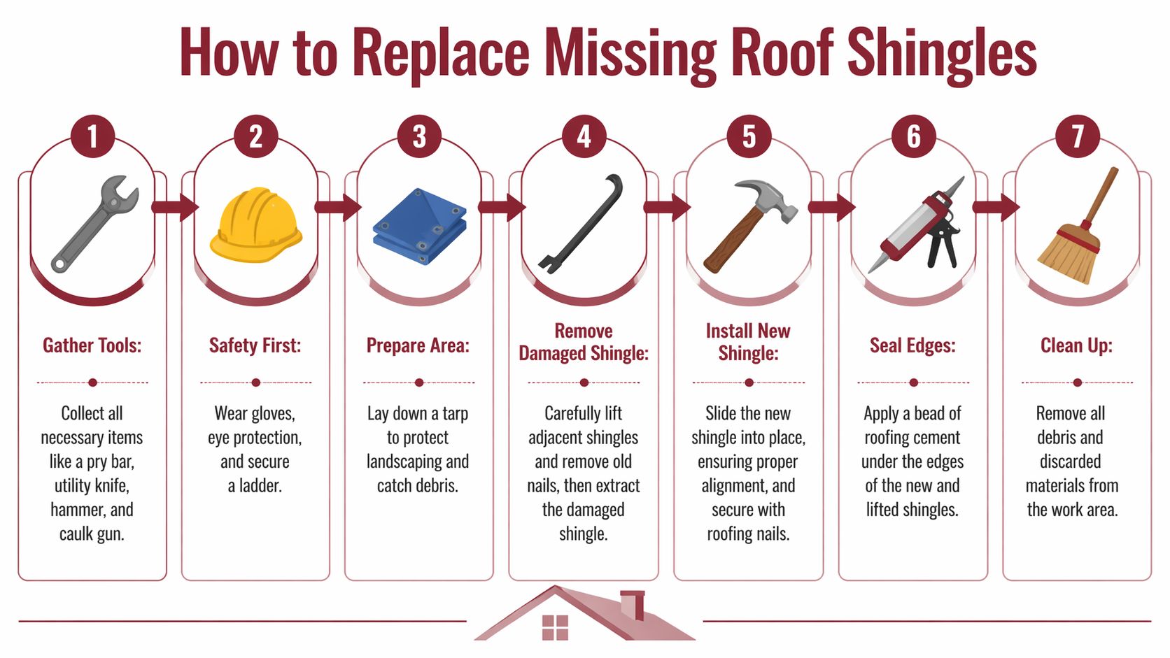 A seven-step infographic illustrating the professional guide on how to replace missing roof shingles safely.