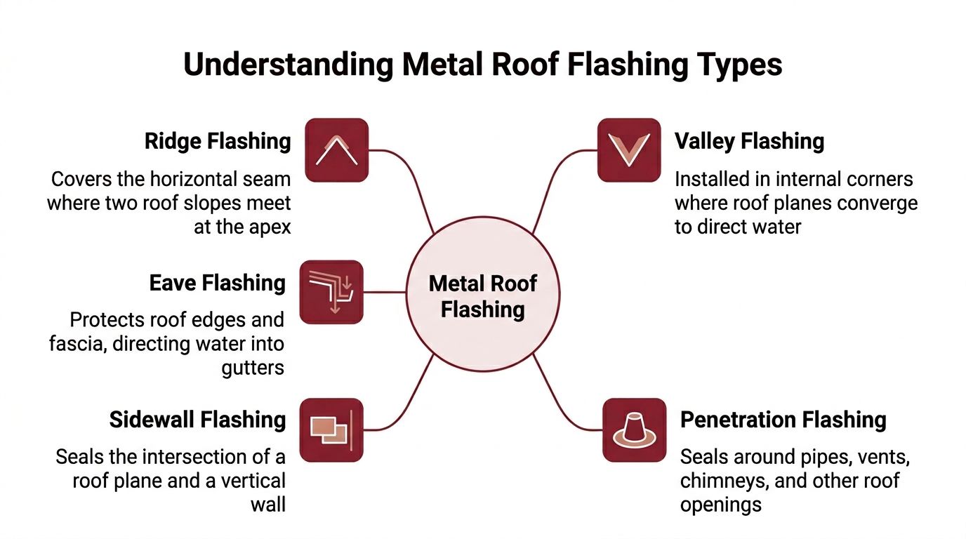 A diagram illustrating five common types of metal roof flashing with brief descriptions and corresponding icons.