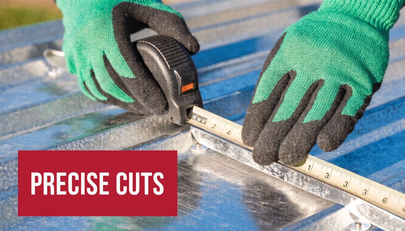 A construction worker wearing green gloves measures a piece of metal roofing with a tape measure.