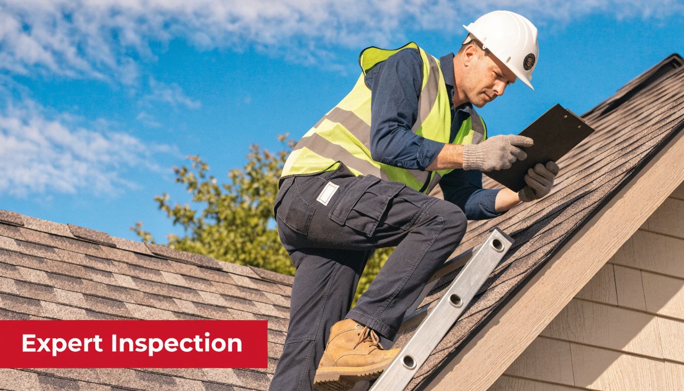 A professional roof inspector wearing safety gear evaluates a residential roof while standing on a ladder.