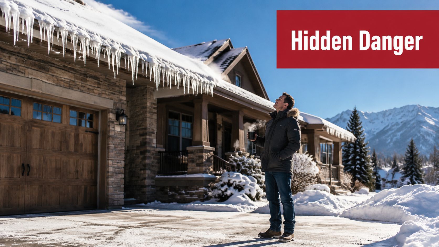 A man drinking coffee while looking up at dangerous ice dams hanging from a house roof.