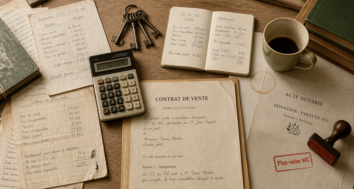 calcul plus value immobilière sci sur bureau avec documents fiscaux