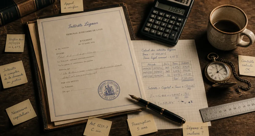 Calculer les intérêts légaux à partir d'un jugement, bureau de juriste avec outils