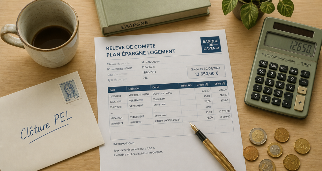 clôturer un PEL sans projet immobilier, relevé et calculatrice sur bureau