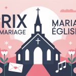prix eglise mariage, image stylisée église, alliances, fleurs, enveloppe