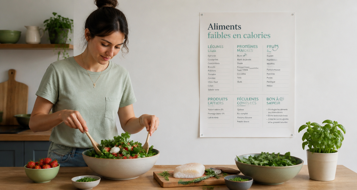 Femme préparant salade aliments faibles en calories