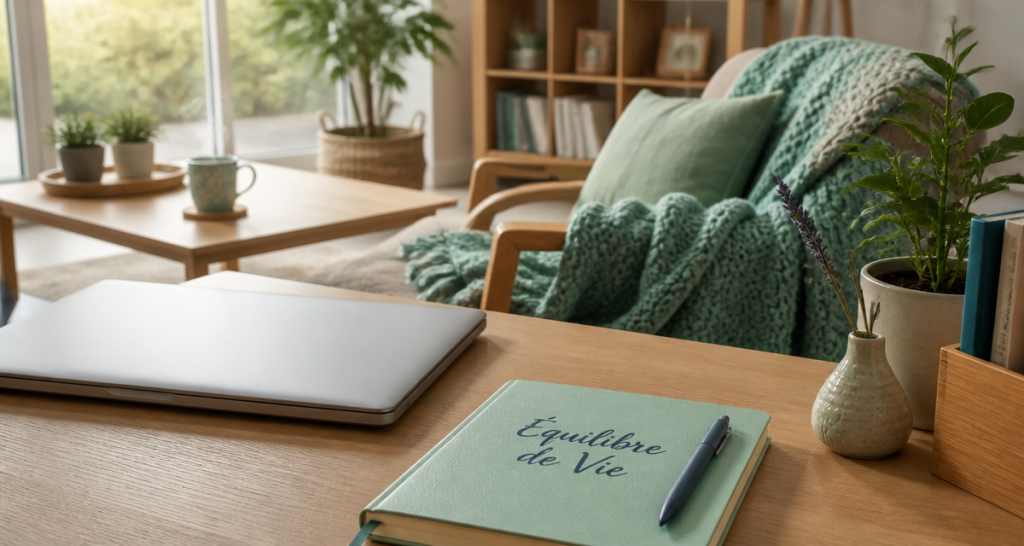 équilibre de vie dans un salon lumineux avec bureau