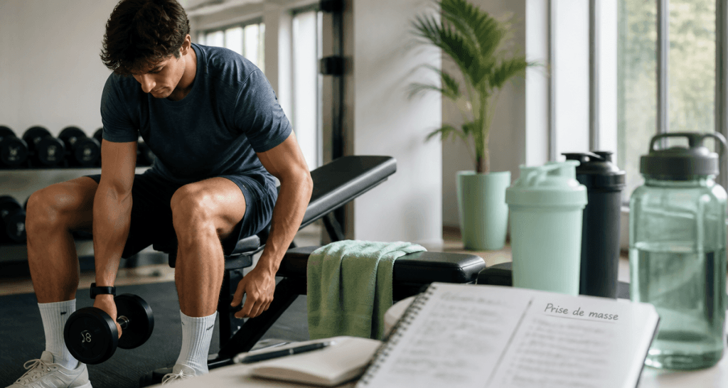 prise de masse musculaire jeune homme haltères