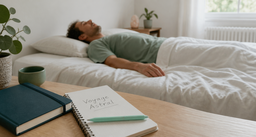 voyage astral personne allongée carnet