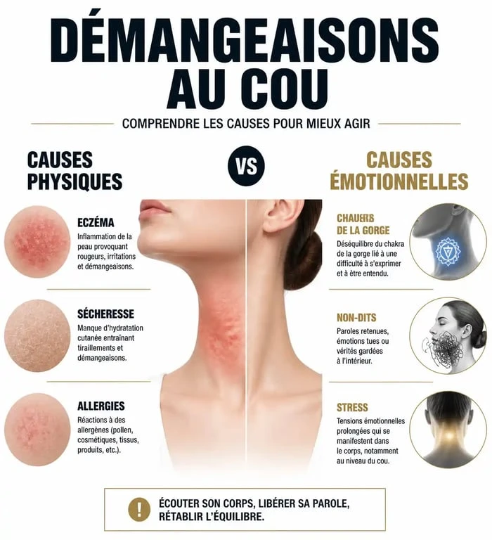 Infographie comparant les causes physiques et émotionnelles d'un cou qui gratte