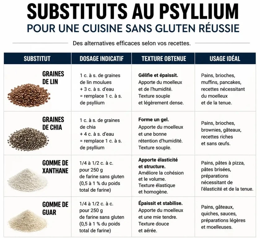 Infographie comparative des substituts au psyllium pour remplacer le psyllium dans vos recettes sans gluten