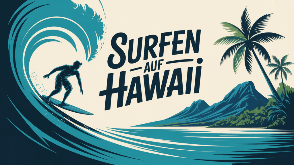 Surfen in Hawaii stylisierte Surfer Silhouette Welle Palmen