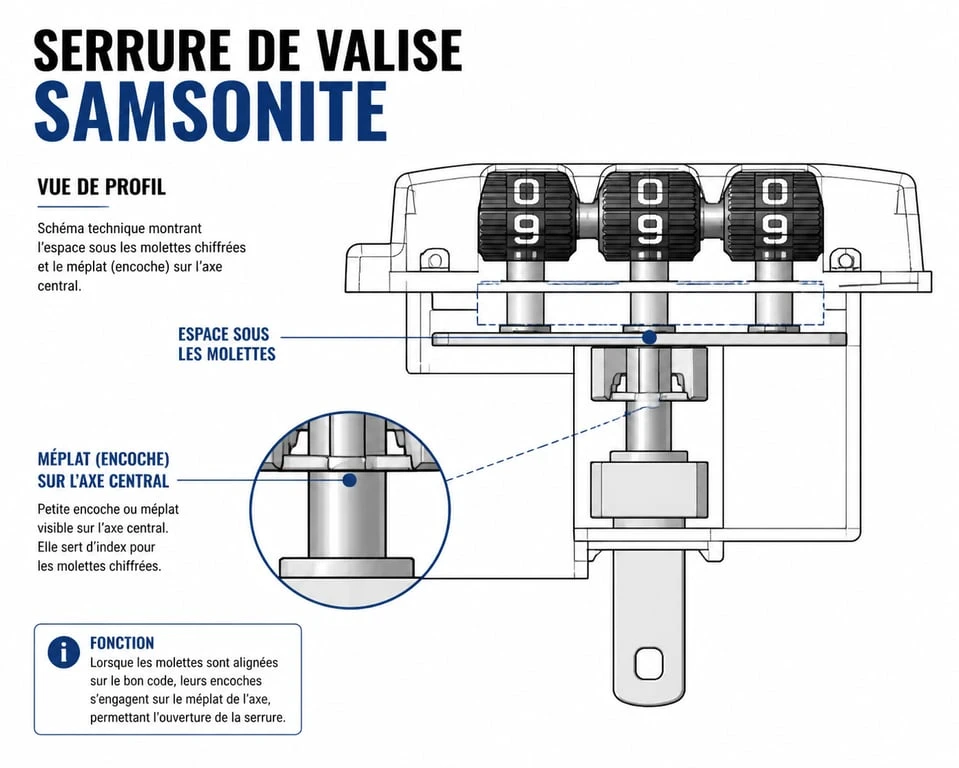 Schéma technique montrant comment trouver l'encoche sous les molettes pour débloquer une valise Samsonite avec un code oublié