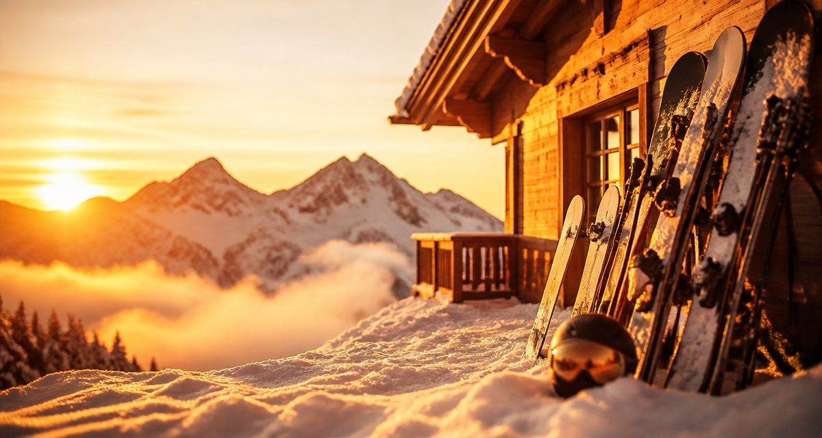 Ski aventure équipement devant chalet montagne