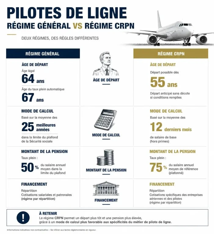 Infographie comparative des régimes de retraite pour pilote de ligne : régime général vs CRPN