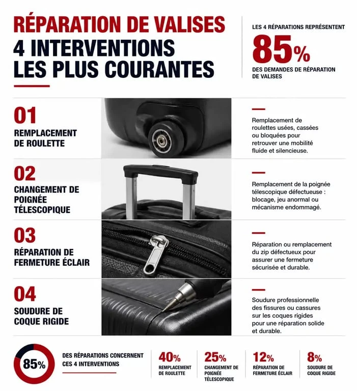 Infographie des réparations de valises courantes à Paris : roulettes, poignées, fermetures et coques
