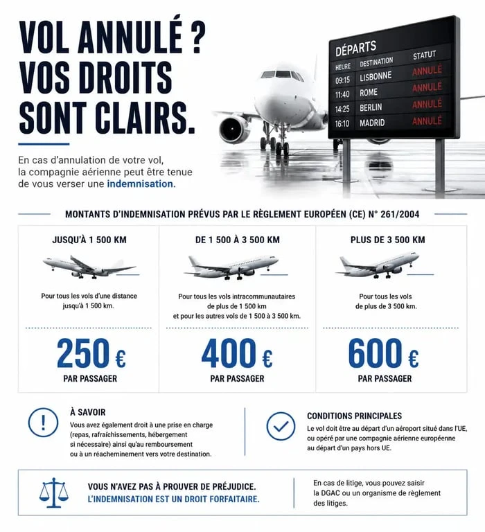 Infographie des droits des passagers et montants d'indemnisation en cas de grève Transavia