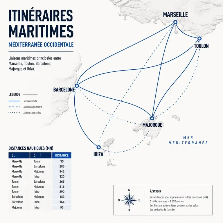Carte des itinéraires maritimes pour un voyage en bateau de Marseille à Ibiza via Majorque ou Barcelone