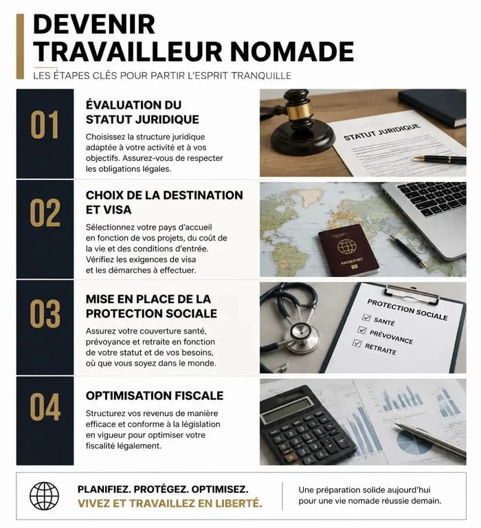 Infographie des étapes pour réussir sa transition vers le travail nomade et devenir digital nomad