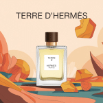 Univers visuel fragrance Terre d'Hermès flacon et nature