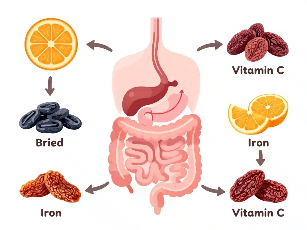 Diagramme de l’absorption du fer des fruits secs riches en fer avec vitamine C