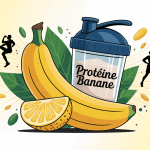 Illustration protein banane avec sportifs et ingrédients naturels