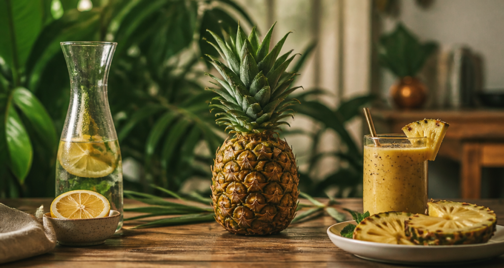 10 bienfaits de l ananas sur table avec boisson et tranches