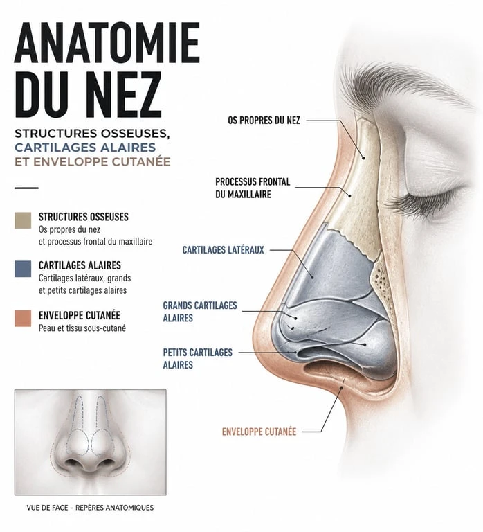 Schéma anatomique des structures du nez pour une rhinoplastie nez large