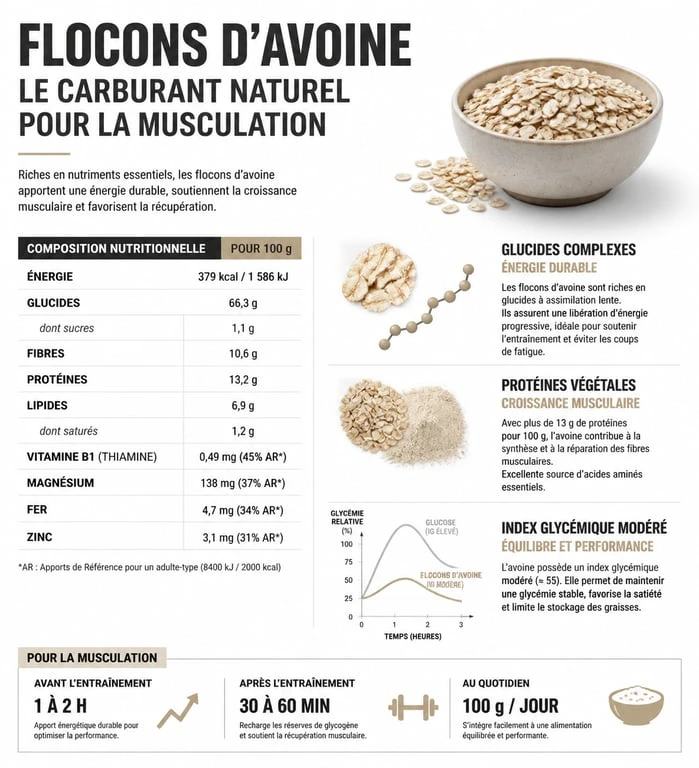 Infographie des bienfaits nutritionnels des flocons d'avoine pour la musculation et la prise de masse