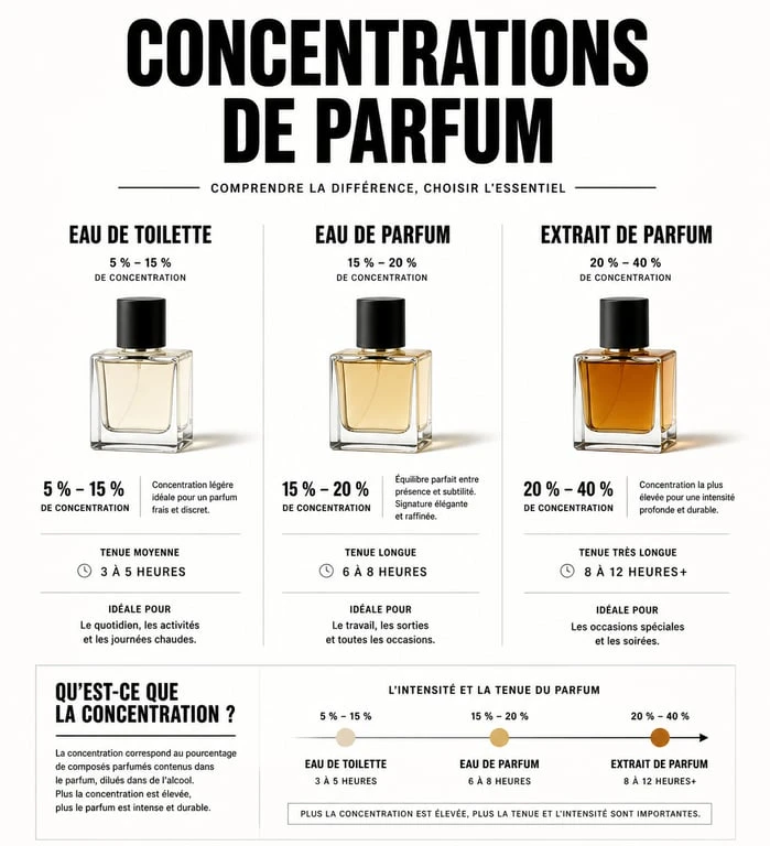 Infographie comparative des concentrations de parfum femme 2025