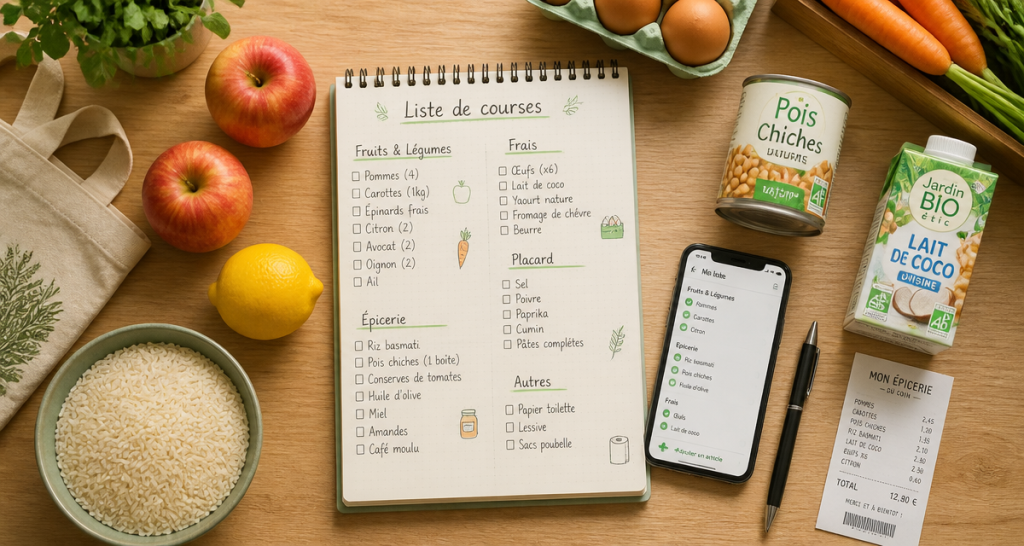 liste courses alimentaires structurée avec aliments frais