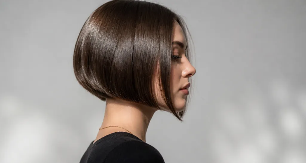 coupe au carré court plongeant femme profil