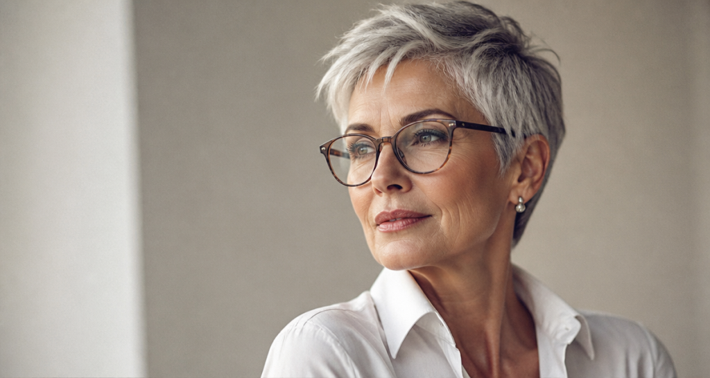coupe pixie femme 60 ans cheveux gris