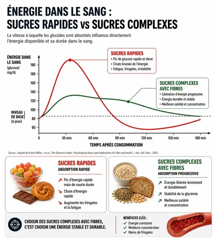 Infographie sur les aliments qui donnent de l'énergie rapidement et la régulation de la glycémie