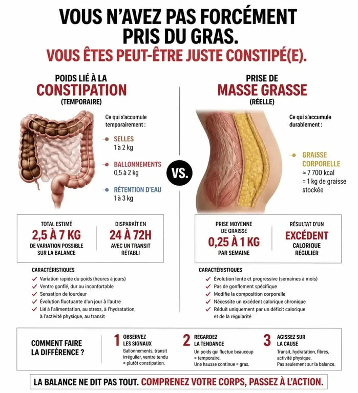 Infographie comparative sur la différence entre le poids lié à la constipation et la prise de masse grasse réelle