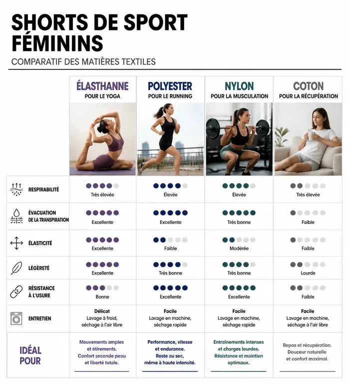 Tableau comparatif des matières de short de sport pour femme : élasthanne, polyester, nylon et coton selon l'activité sportive.